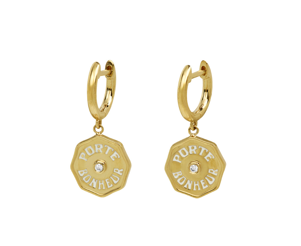 Marlo Laz White Enamel Wee Porte Bonheur Earrings