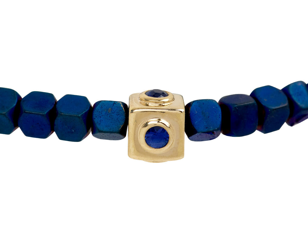 Luis Morais Blue Sapphire Cube and Matte Hematite Beaded Bracelet - Lego Bead Closeup