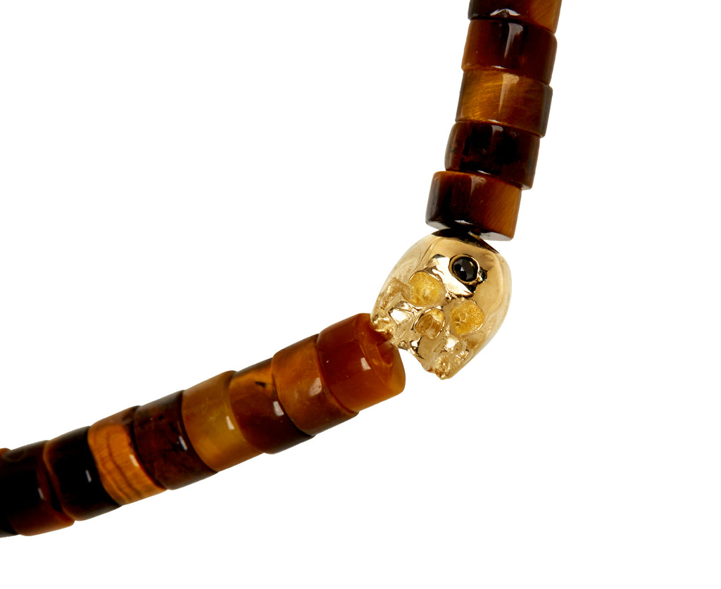 Luis Morais Tiger's Eye and Gold Skull Beaded Bracelet - Closeup