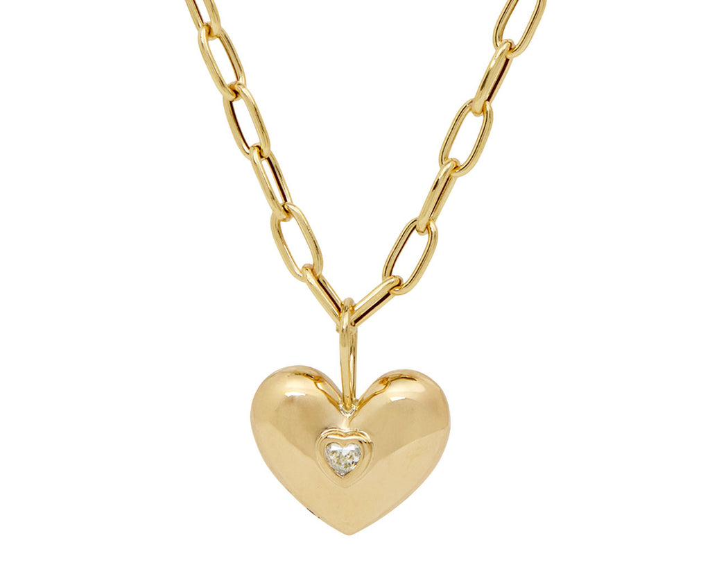 Small Gold and Diamond Puff Heart Pendant Necklace