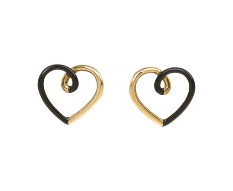 Black Enamel and Gold Heart Stud Earrings