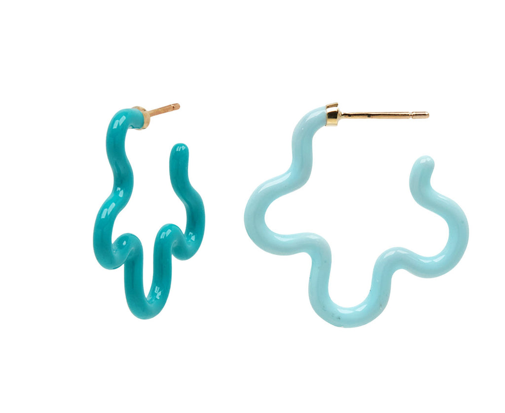 Blue Iris and Hint of Mint Enamel Asymmetrical Flower Earrings