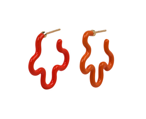 Bea Bongiasca Japanese Orange and Orange Enamel Asymmetrical Flower Earrings