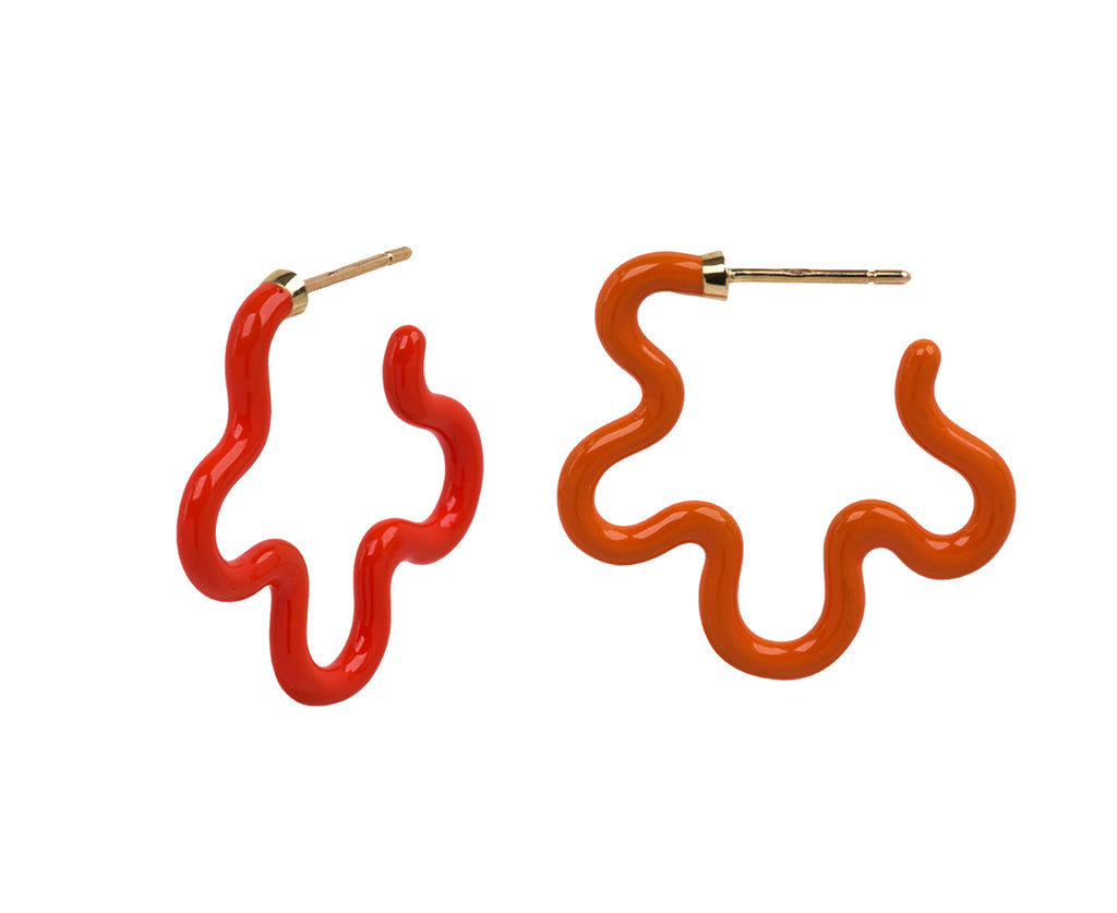 Bea Bongiasca Japanese Orange and Orange Enamel Asymmetrical Flower Earrings - Side View