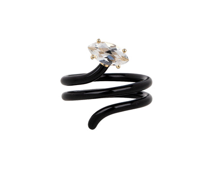 Black Enamel Rock Crystal Long Vine Ring