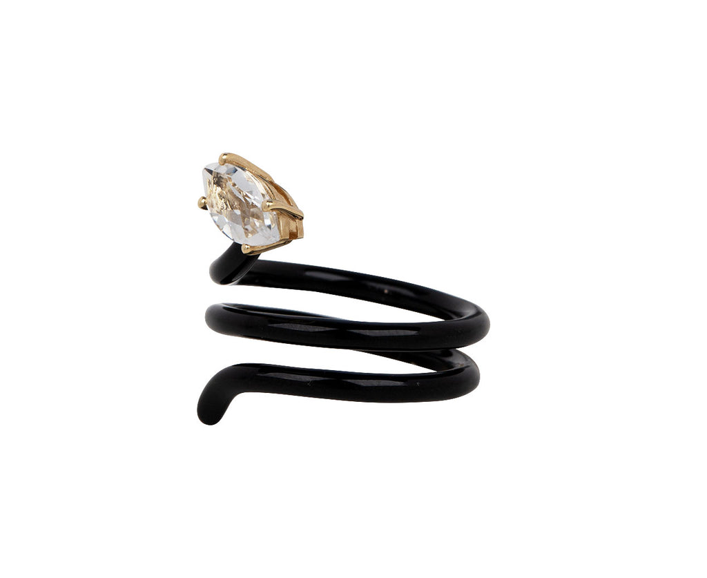 Black Enamel Rock Crystal Long Vine Ring