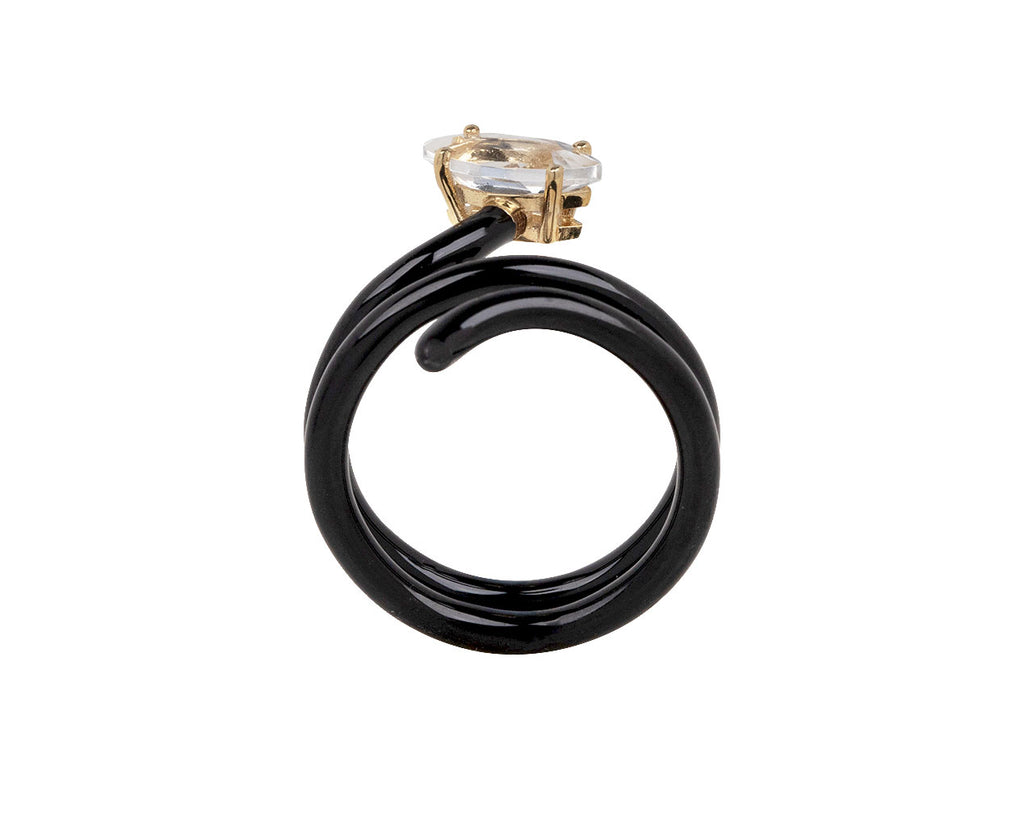 Black Enamel Rock Crystal Long Vine Ring