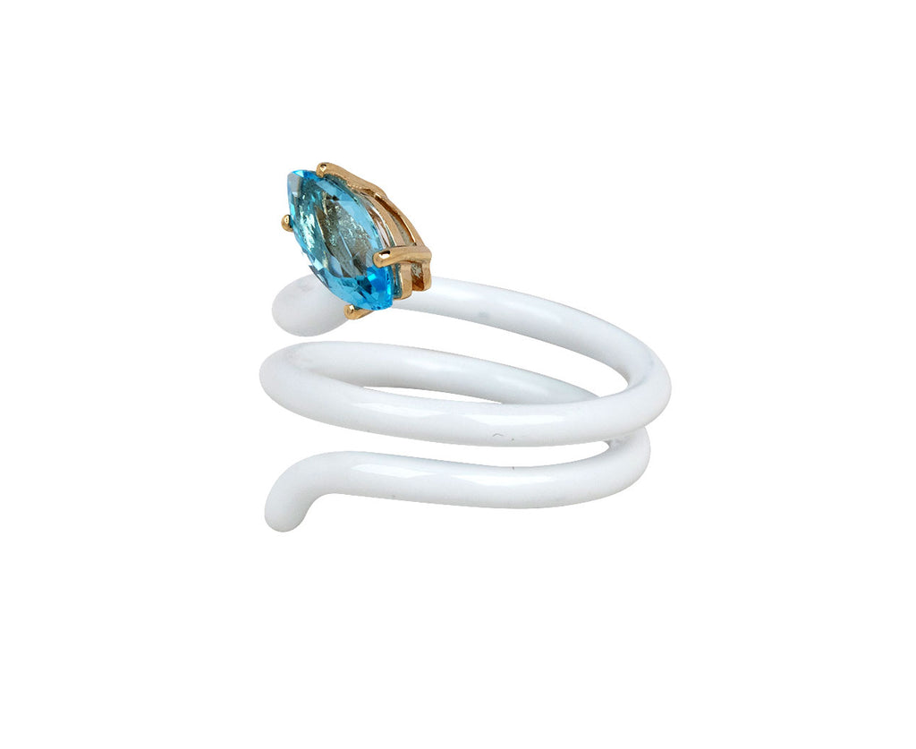 White Enamel Blue Topaz Long Vine Ring