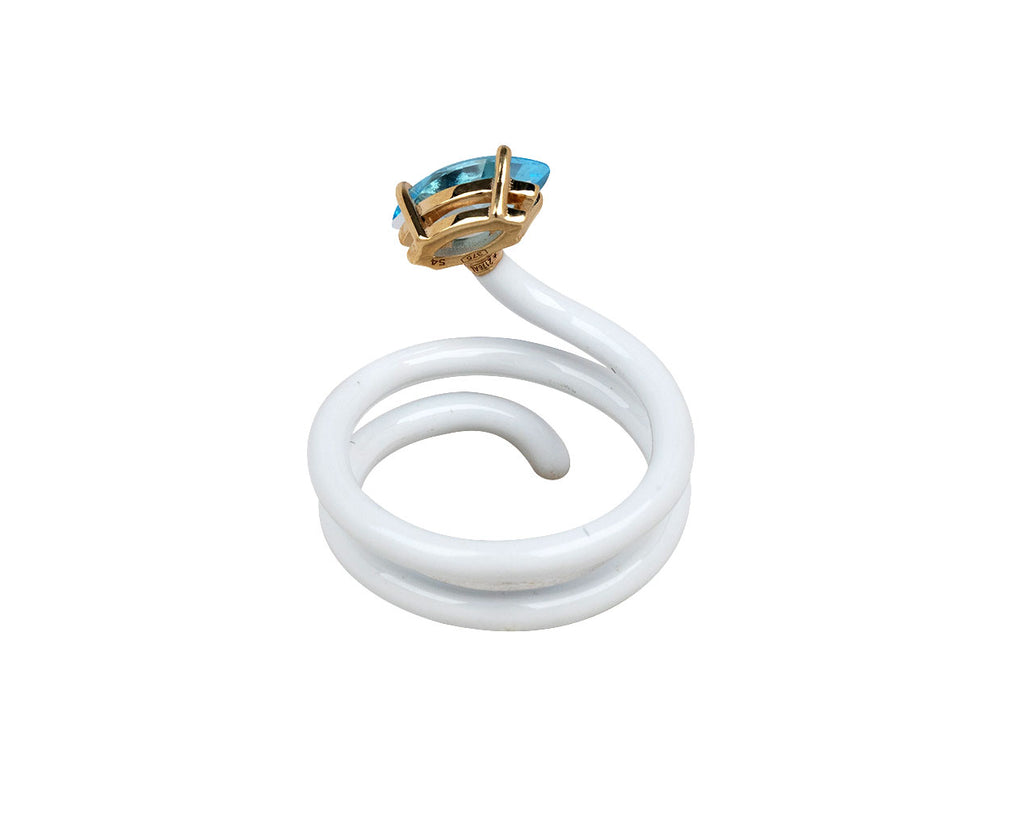 White Enamel Blue Topaz Long Vine Ring