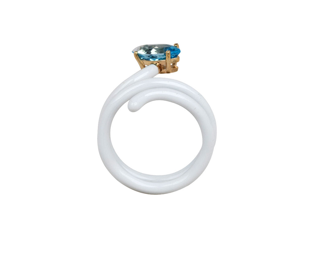 White Enamel Blue Topaz Long Vine Ring