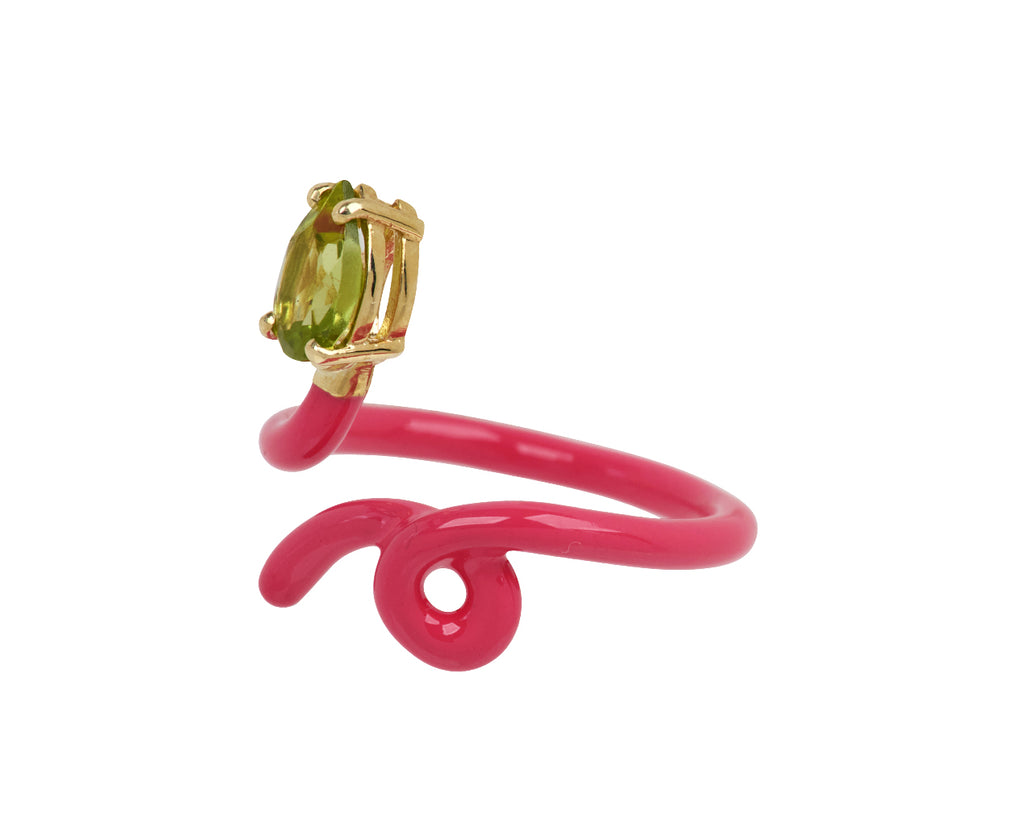 Bea Bongiasca Hot Pink Enamel and Peridot Baby Vine Ring - Angled View