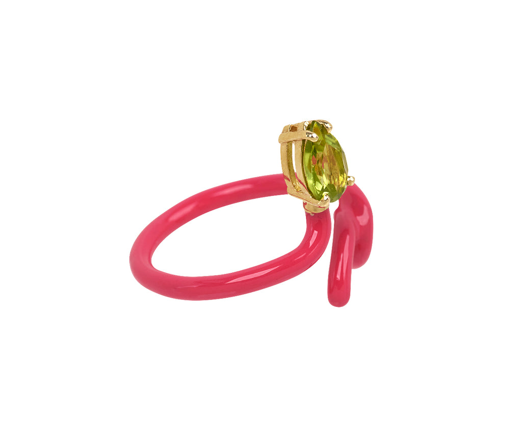 Bea Bongiasca Hot Pink Enamel and Peridot Baby Vine Ring - Angled View #2