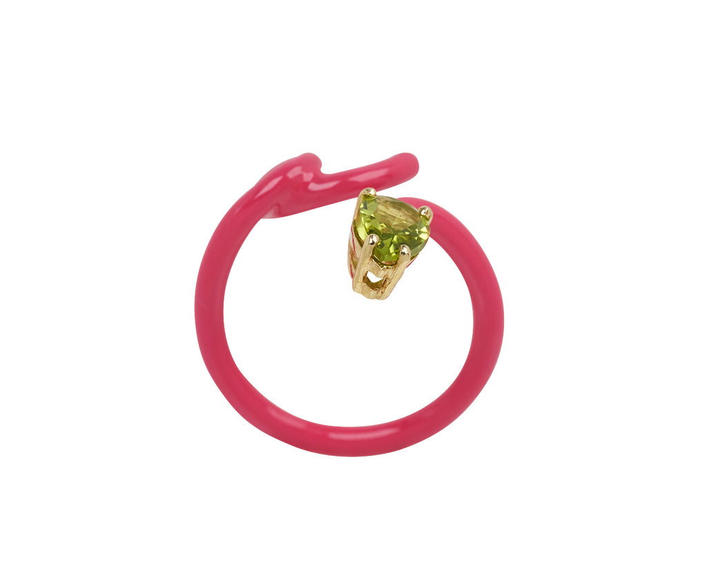 Bea Bongiasca Hot Pink Enamel and Peridot Baby Vine Ring - Top Down View