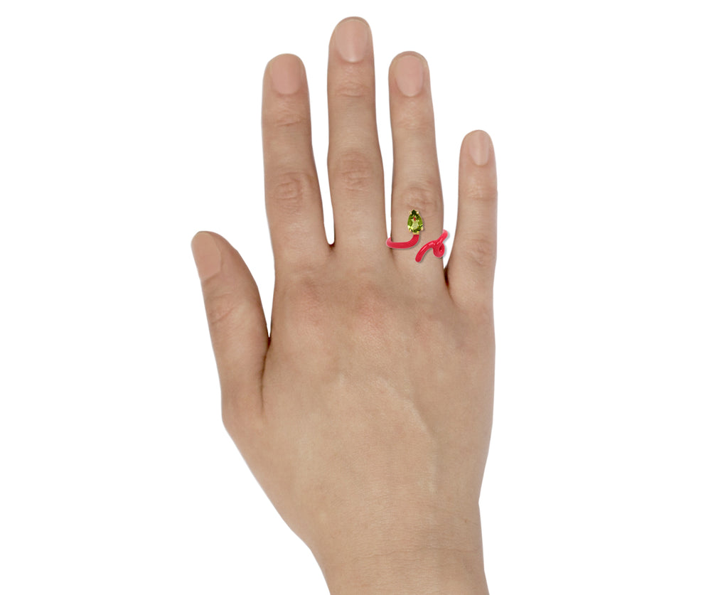 Bea Bongiasca Hot Pink Enamel and Peridot Baby Vine Ring - Profile