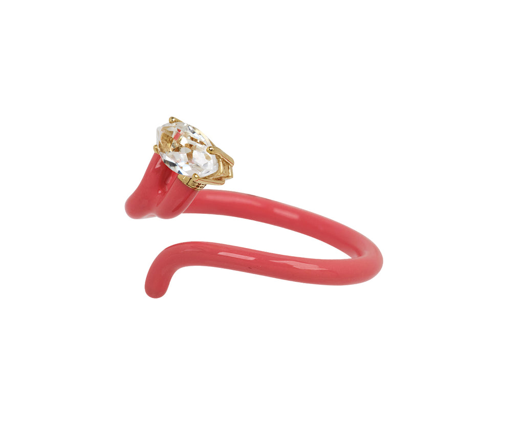 Bea Bongiasca Light Pink Enamel and Rock Crystal Baby Vine Ring - Angled View