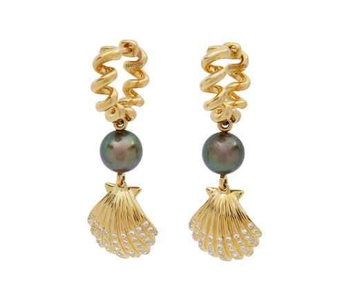 Gray Pearl Diamond Shell Beaching Hoop Earrings