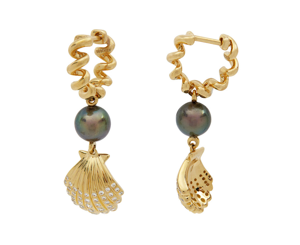 Gray Pearl Diamond Shell Beaching Hoop Earrings