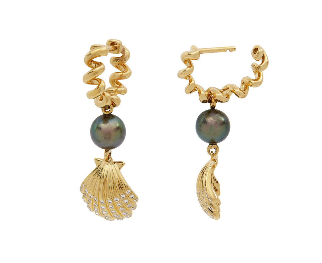 Gray Pearl Diamond Shell Beaching Hoop Earrings