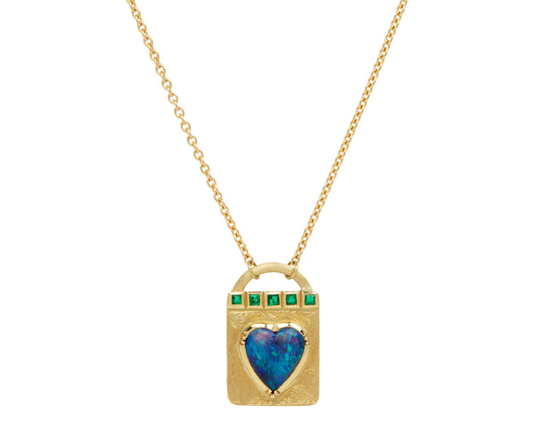 Opal and Emerald Engraved Lock Necklace