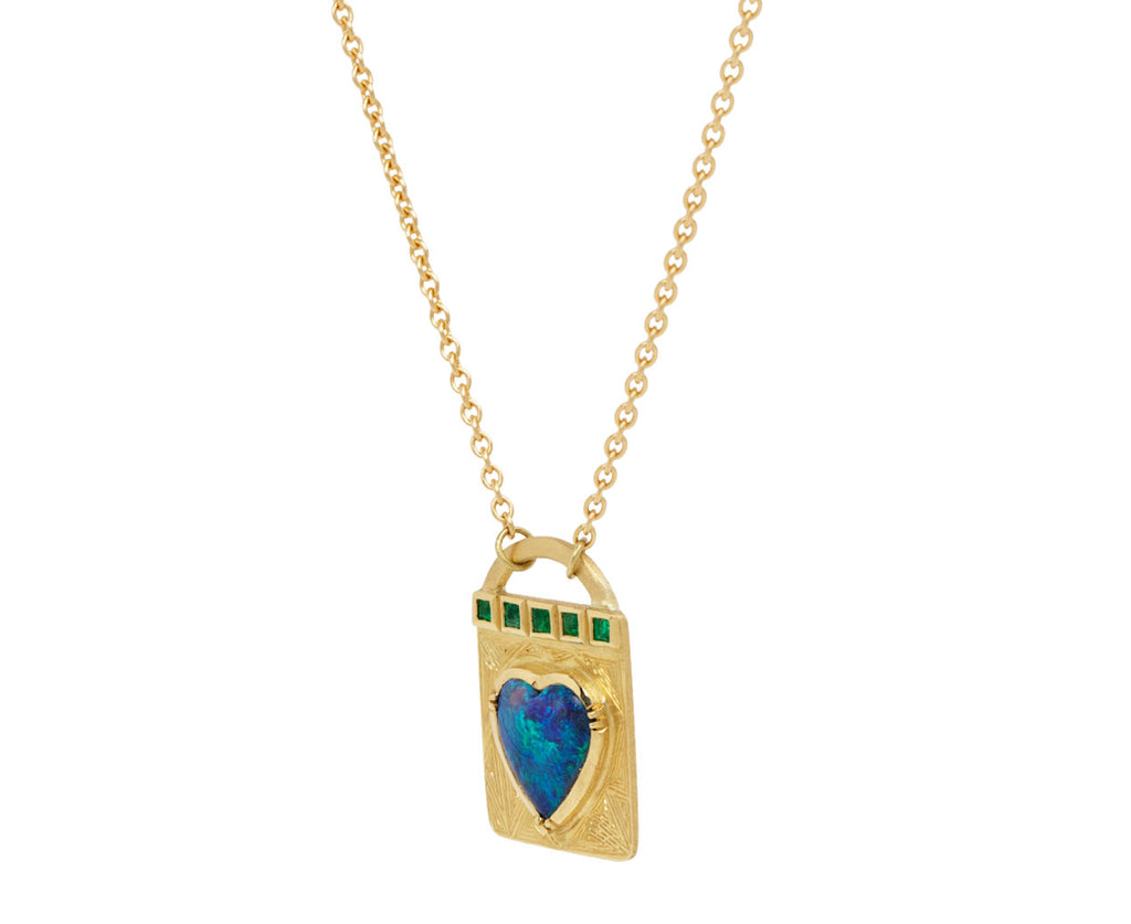 Opal and Emerald Engraved Lock Necklace