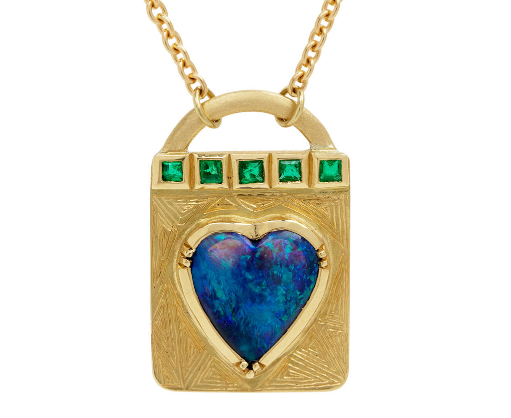 Opal and Emerald Engraved Lock Necklace