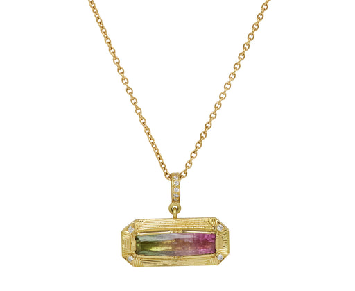 Watermelon Tourmaline Engraved Bar Necklace