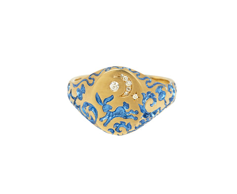 Blue Rabbit and Diamond Moon Mini Signet Ring