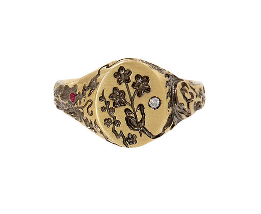 Mini Dragon and Flowers Signet Ring