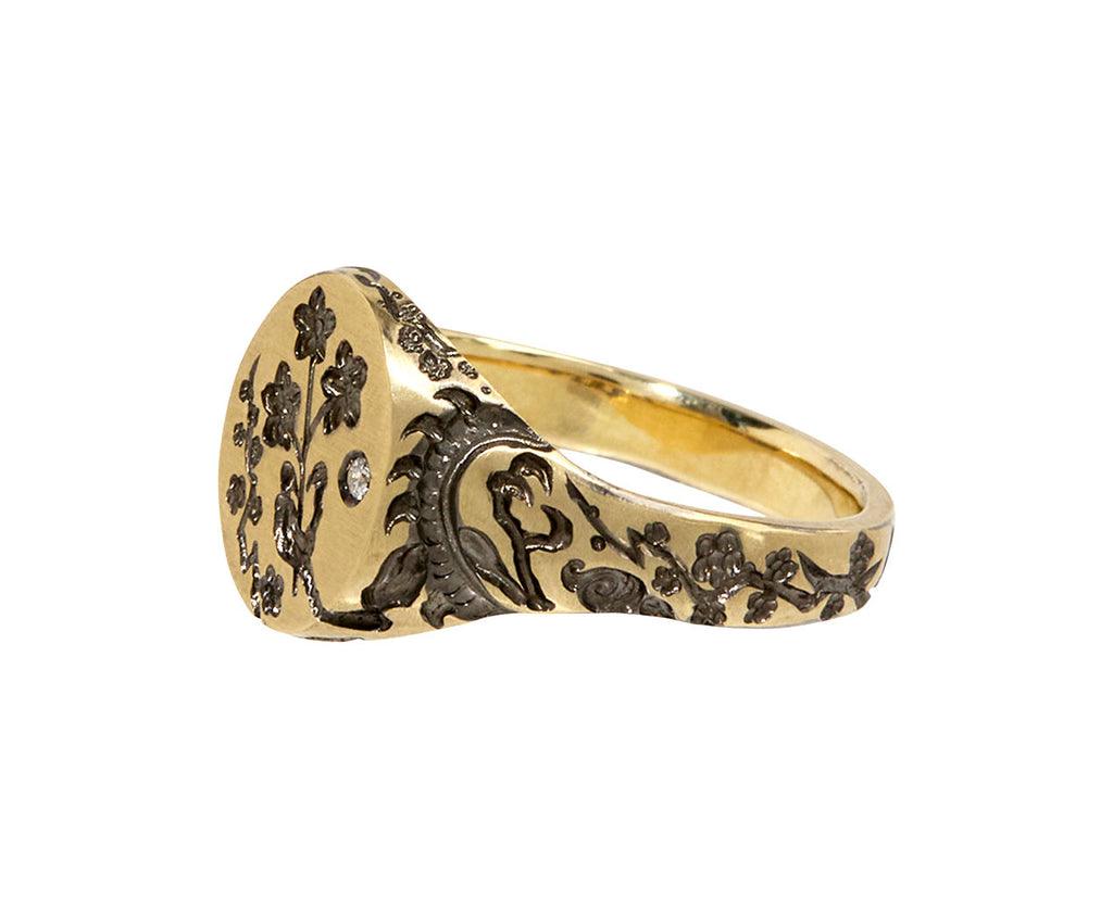 Mini Dragon and Flowers Signet Ring