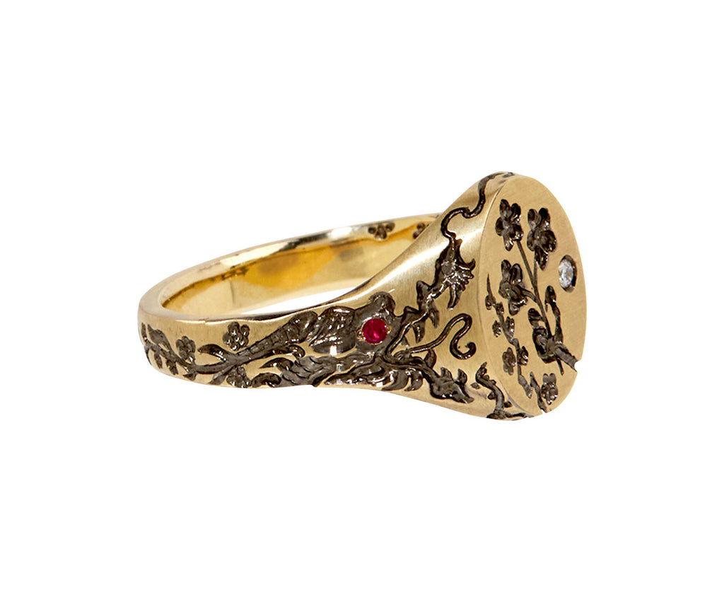 Mini Dragon and Flowers Signet Ring