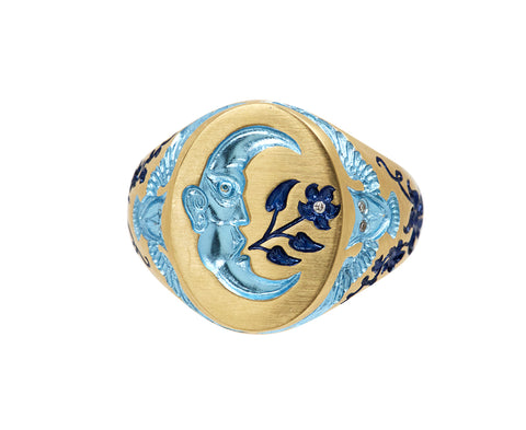 Blue Moon and Owl Signet Ring