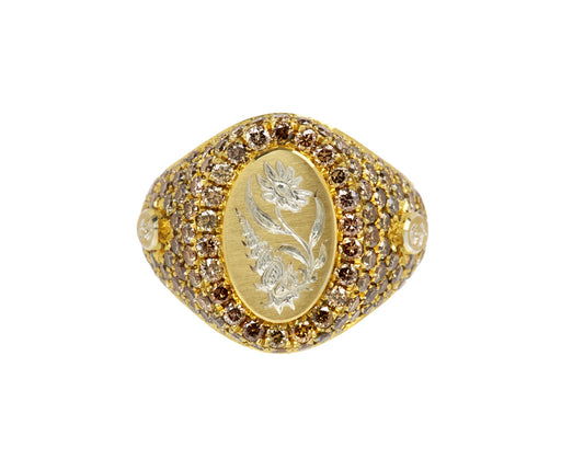 Diamond Flower and Conch Signet Ring