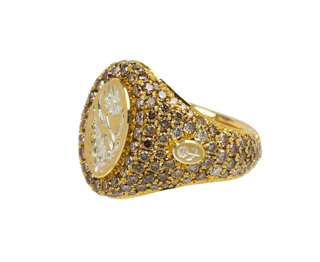 Diamond Flower and Conch Signet Ring