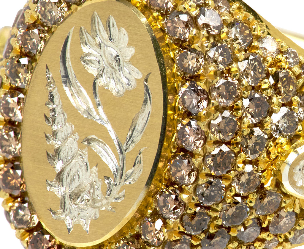 Diamond Flower and Conch Signet Ring