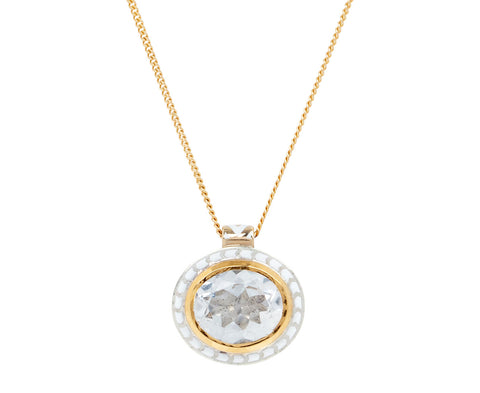 Oval White Topaz Silver Tile Pendant Necklace