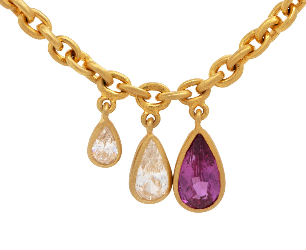 Triple Pear Diamond and Pink Sapphire Fairy Chain Necklace
