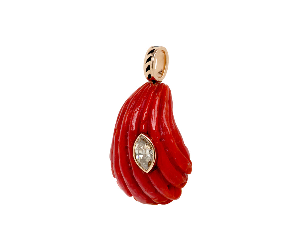 Dezso Carved Coral Anadara Shell and Marquise Diamond Pendant ONLY - Angled View