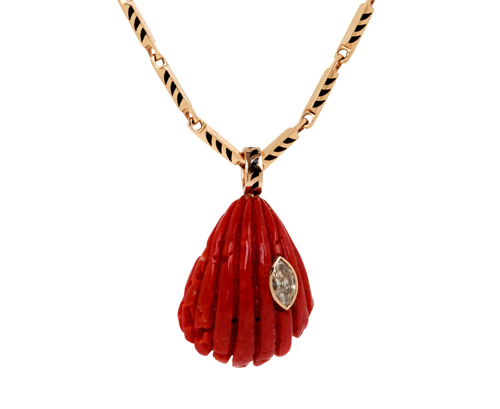 Dezso Carved Coral Anadara Shell and Marquise Diamond Pendant ONLY - Closeup