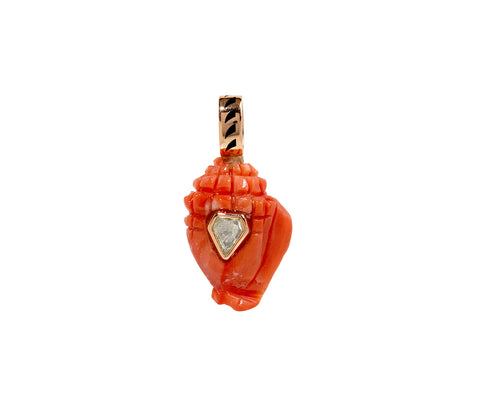 Dezso Mediterranean Carved Coral and Polki Diamond Conch Shell Pendant ONLY