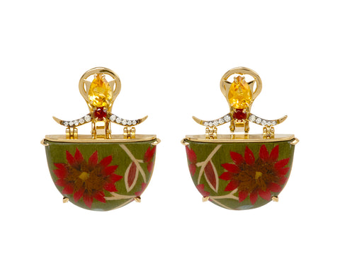 Citrine and Kashmir Flower Marquetry Half Moon Earrings