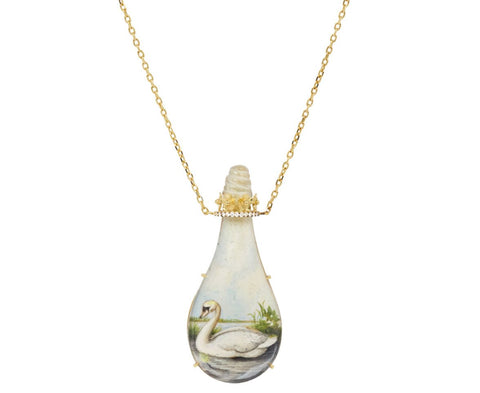 Miniature Swan Painting Diamond Bottle Pendant Necklace