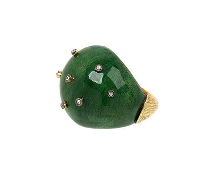 Green Lacquered and Diamond Spike Ring