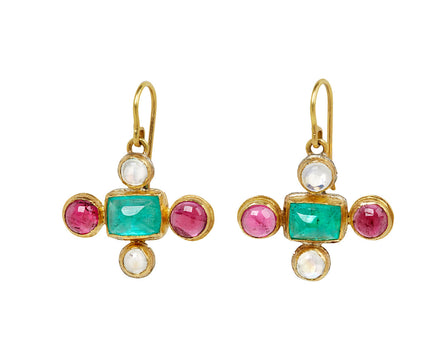 Lovely Emeralds Surrounded by Tourmaline and Moonstone Earrings