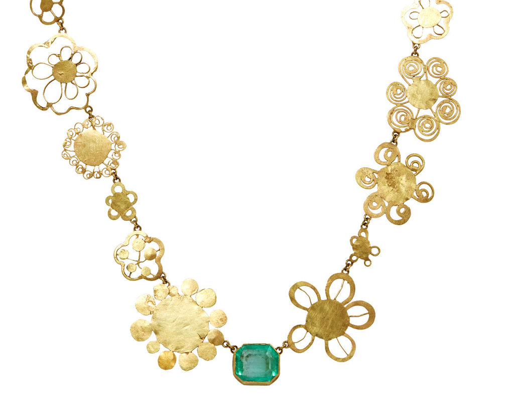 Gold Flowery Necklace with Lovely Green Emerald Center