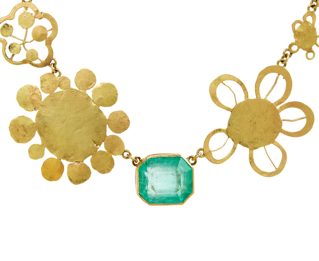 Gold Flowery Necklace with Lovely Green Emerald Center