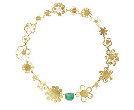 Gold Flowery Necklace with Lovely Green Emerald Center