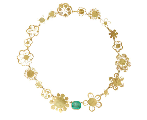 Gold Flowery Necklace with Lovely Green Emerald Center