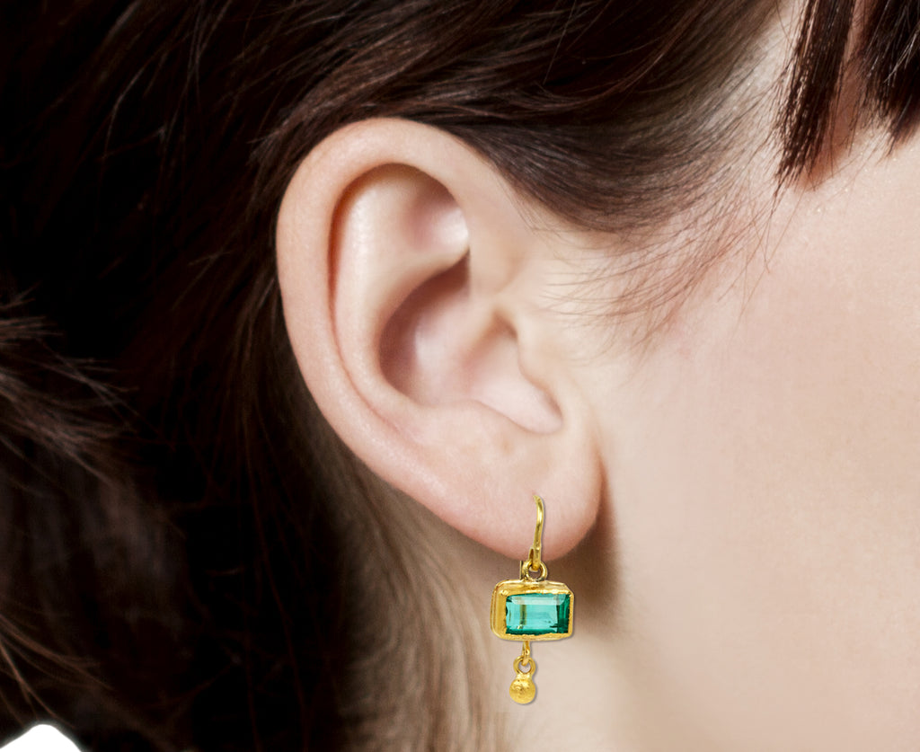 Rectangular Colombian Emerald and Ball Drop Earrings