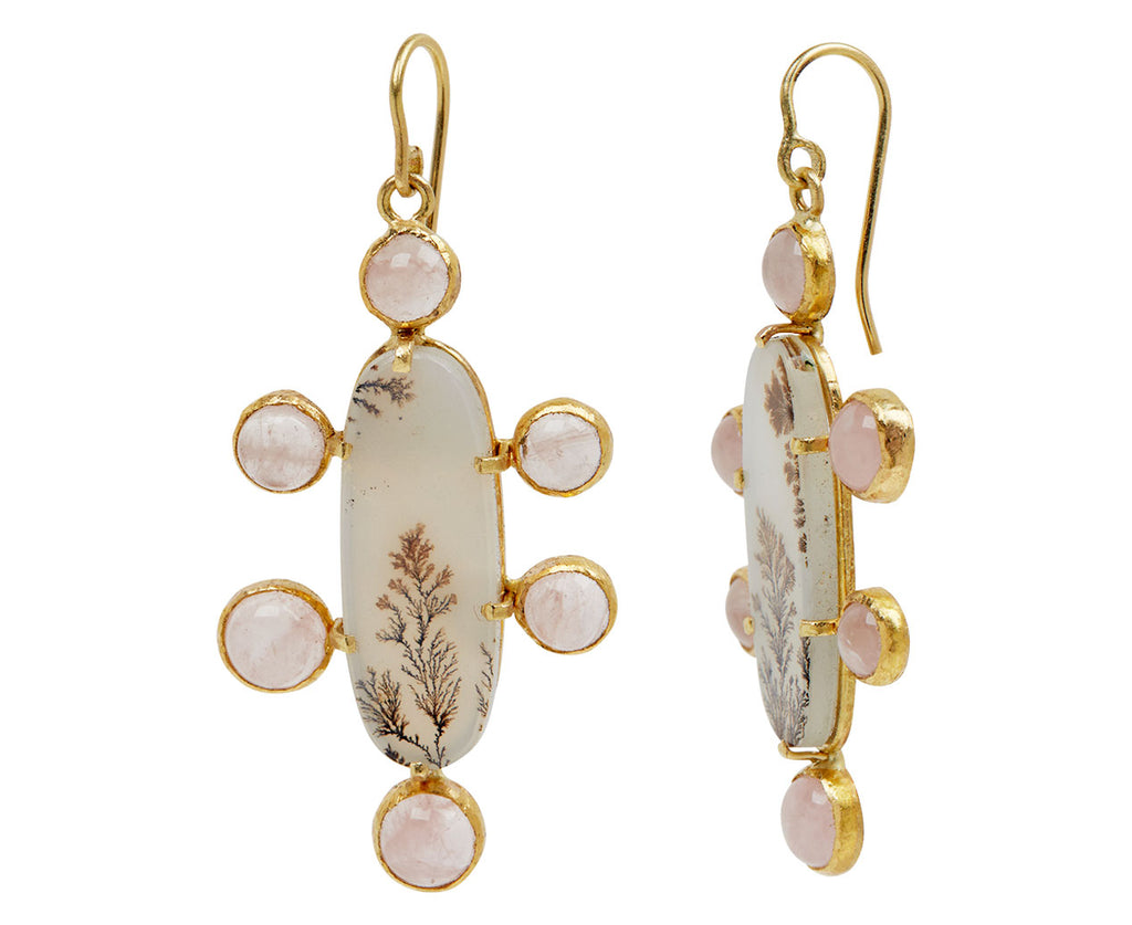 Long Dendritic Agate and Pink Quartz Earrings