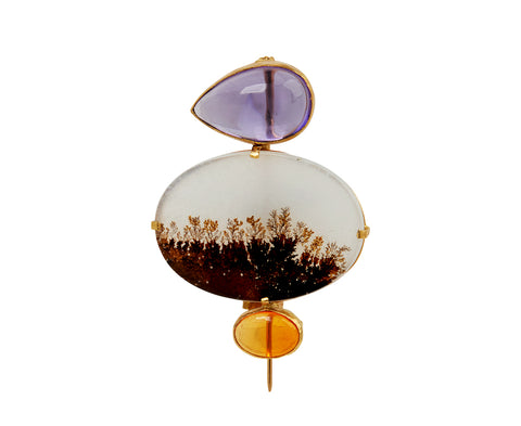 Lovely dendritic agate pin with 12.84 carat amethyst above, 1.94 carat fire opal below, set in 18K gold - TWISTonline